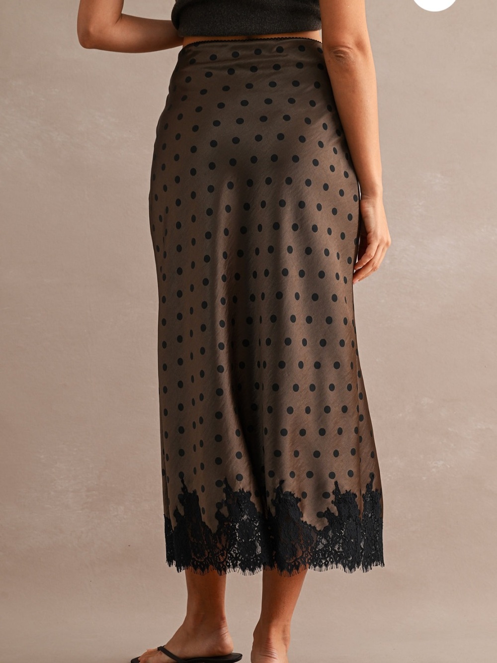 Mable Chocolate Brown Polka Dot Lace Hem Midi Skirt - Picture 5 of 6